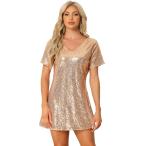 ショッピングミニドレス Allegra K ミニドレス スパンコール Vネック 半袖 クラブウェア パーティー レディース シャンパンゴールド XL