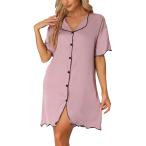 cheibear レディース ナイトシャツ サテン 半袖 スリープシャツ ボタンダウン パジャマ ナイトガウン パープル S