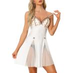 cheibear レディース ランジェリー ベビードール サテン メッシュ インセット スイート ナイトガウン ミニ シュミーズ ドレス ホワイトxS