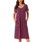 cheibear パジャマ ナイトガウン Vネック ルームウェア ロング 配色 半袖 スリップ ポケット付き レディース パープル L