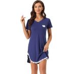 cheibear レディース パジャマ ドレス レーストリム Vネック 半袖 ラウンジ ナイトガウン ナイトガウン ブルー L