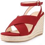Perphy 女性用プラットフォームスリングバッククロスストラップエスパドリーユウェッジサンダル レッド 24.5