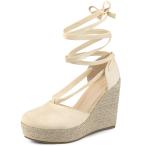 Perphy 女性用プラットフォームエスパドリーユサンダルレースアップクローズドトゥサマーウェッジサンダル ベージュ 26