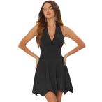 Allegra K ミニドレス スケーターワンピース ホルター ディープ Vネック ノースリーブ レディース ブラック XS