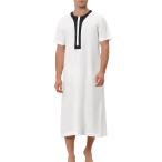 Lars Amadeus ナイトガウン パジャマ 半袖 ボタン留め コントラストカラー ロングナイトシャツ メンズ ホワイト M