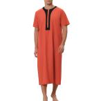 Lars Amadeus ナイトガウン パジャマ 半袖 ボタン留め コントラストカラー ロングナイトシャツ メンズ オレンジレッド M