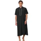 Lars Amadeus ロングナイトガウン メンズ ルーズフィット 半袖 スタンドカラー ジッパー ナイトシャツ ブラック XL