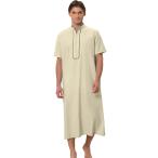 Lars Amadeus ロングナイトガウン メンズ ルーズフィット 半袖 スタンドカラー ジッパー ナイトシャツ カーキ L