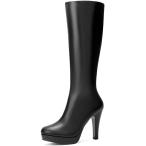 Perphy レディース用ラウンドトゥプラットフォームチャンキーヒールニーハイブーツ ブラック 23.5cm
