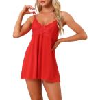 uxcell cheibear レディース ナイトガウン Vネック 寝間着 レース ノースリーブ セクシー ナイトウェア レッド XS