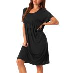 cheibear レディース ナイトガウン コットン スリープウェア 半袖 心地よいゆったりスリープシャツ プラスサイズ S-3XL ブラック L
