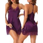 cheibear レディース サテン ナイトガウン レース キャミソール パジャマ Vネック ノースリーブ シルキー スリープウェア パープル S