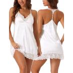 cheibear レディース サテン ナイトガウン レース キャミソール パジャマ Vネック ノースリーブ シルキー スリープウェア ホワイト L