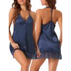cheibear レディース サテン ナイトガウン レース キャミソール パジャマ Vネック ノースリーブ シルキー ネイビーブルーxS