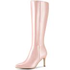 Allegra K ニーハイブーツ ポインテッドトゥ サイドジッパー ピンヒール スティレットヒール レディース ピンク 24.5cm