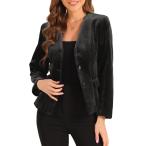 Allegra K ベルベット ブレザー レディース 長袖 ショルダーパッド ポケット 3つボタン カジュアル ブレザー ジャケット ブラック XS