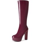Allegra K レディース パテントレザー プラットフォーム チャンキーヒール ニーハイブーツ ブルゴーニュ 26.0cm