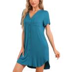 cheibear レディース ナイトガウン Vネック ナイトシャツ ボタンアップ スリープウェア 半袖 パジャマ スリープドレス レイクブルー XS