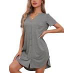 cheibear レディース ナイトガウン Vネック ナイトシャツ ボタンアップ スリープウェア 半袖 パジャマ スリープドレス グレー XS