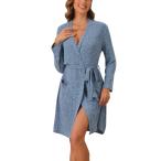 cheibear レディースローブ リブニット タイウエスト 長袖 冬用 膝丈 寝巻き ポケット付き バスローブ ブルー L
