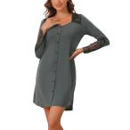 cheibear レディース 長袖 ナイトガウン レーストリム Vネック ナイトシャツ 寝巻き パジャマ ドレス グレー XS