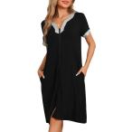 cheibear レディース フロントジッパー ナイトガウン ハウスコート 半袖 ローブ ショート ラウンジウェア ポケット付き 黒 S