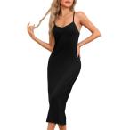 cheibear レディース ナイトガウン 調節可能なスパゲッティストラップドレス Vネック モダール スリープドレス アンダードレス 黒 L