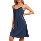 cheibear レディース ナイトガウン モダール レース シュミーズ スパゲッティ ストラップ フルスリップ ベビードール ネイビー L