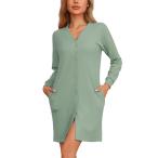 cheibear レディース ワッフルニット ナイトシャツ 長袖 スリープシャツ ポケット付き ボタンダウン ナイトガウン 緑 XS