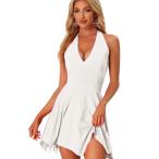 Allegra K ミニドレス スケーターワンピース ホルター ディープ Vネック ノースリーブ レディース ホワイト XL