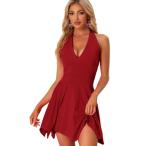 Allegra K ミニドレス スケーターワンピース ホルター ディープ Vネック ノースリーブ レディース レッド M