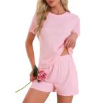 cheibear レディース パジャマセット ソフト 半袖 ショーツセット クルーネック フリル ラウンジセット ポケット付き ピンク M