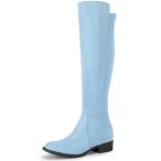 Perphy ラウンドトゥ サイドジップ チャンキーヒール ニーハイブーツ レディース スカイブルー 24.0cm