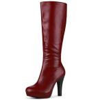 Allegra K ニーハイブーツ チャンキーヒール ラウンドトゥ プラットフォーム レディース ブルゴーニュ 24.5cm