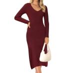 Allegra K レディース Vネック 長袖 リブニット ミディドレス セーターワンピース ロングドレス 膝下丈 無地　スリムフィット ブルゴーニュ