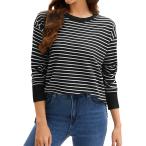ONFERS ONFERS レディース ストライプセーター サイドスリット ニット クルーネック オーバーサイズ プルオーバー トップス 秋 ブラック