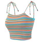 Allegra K チューブトップ キャミソール ノースリーブ ストライプ レインボー柄 夏 レディース マルチカラー ブルー L