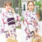 浴衣 レディース セット 作り帯 レトロ 浴衣セット 3点セット 白 ホワイト 紫 ピンク系 紫陽花 縞 綿麻 女性 ボヌールセゾン フリー 送料無料