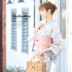 浴衣 レディース セット レトロ 作り帯 浴衣セット 大人 3点セット 水色系 白 百合 ユリ 花 夏 女性用 S・フリー 送料無料