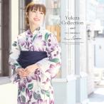 浴衣 3点セット(浴衣/兵児帯/下駄) bonheur saisons ホワイト 白系 紫 クレマチス 花 綿 絽 変わり織り 女性用 浴衣セット 30代 40代 ママ フリー 送料無料