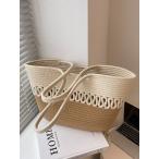 ショッピングストローバッグ バッグ レディース トートバッグ 大容量 ストローバッグ ダブルハンドル カラーブロック ニットキット生地 ベージュビーチバッグ