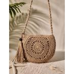 ショッピングストローバッグ バッグ レディース ショルダーバッグ ミニマリストタッセルデコレーションストローバッグ、中空デザインクロスボディバッグ、女性用編み