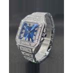 腕時計 メンズ クォーツ メンズ腕時計 アイスアウト スクエア型 フルラインストーン輝く ブルー文字盤 薄型 超防水 腕時計