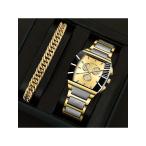 腕時計 メンズ セット ファッションミニマリスト ステンレススチールバンド クォーツ腕時計1個 + マッチングゴールドブレスレット