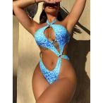 レディース 水着 ワンピース ヒョウ柄 リングリンク カットアウト ホルター ワンピース水着