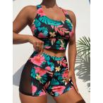 レディース 水着 ビキニセット トロピカル柄 レーサーバック タンキニ ビーチウェア