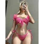 レディース 水着 ビキニセット レディース ピンク チェック柄 半袖 ビキニセット、水着 スイムウェア ビーチウェア 夏休み、夏ビ