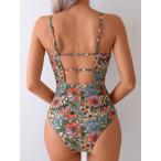 レディース 水着 ワンピース 熱帯フローラル柄バックレスワンピース水着、カジュアルホリデービーチウェア、夏セクシーワンピース水着