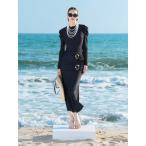 レディース 水着 ワンピース レディース用ビーチウェア2点セット、クルーネック、長袖、フロントジッパー、アシンメトリーフリルスカー