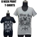 ショッピング閉店 【閉店セール】ストレッチイーグルプリント UネックTシャツ　022-059b 在庫一掃セール　ホワイト グレー Sサイズ Mサイズ 小さいサイズ